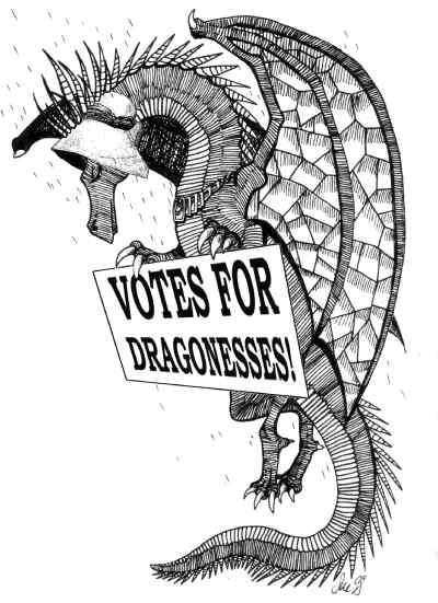 Dragon wearing a bonnet flying with a sign reading 'Votes for Dragonesses'